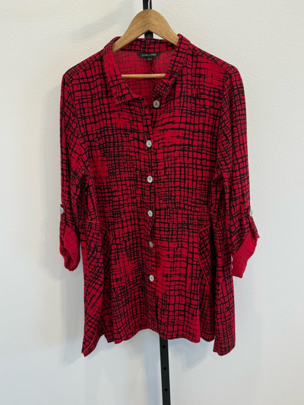 John Mark Red and Black Grid-Print Button-Front Shirt Large Lagenlook Artsy